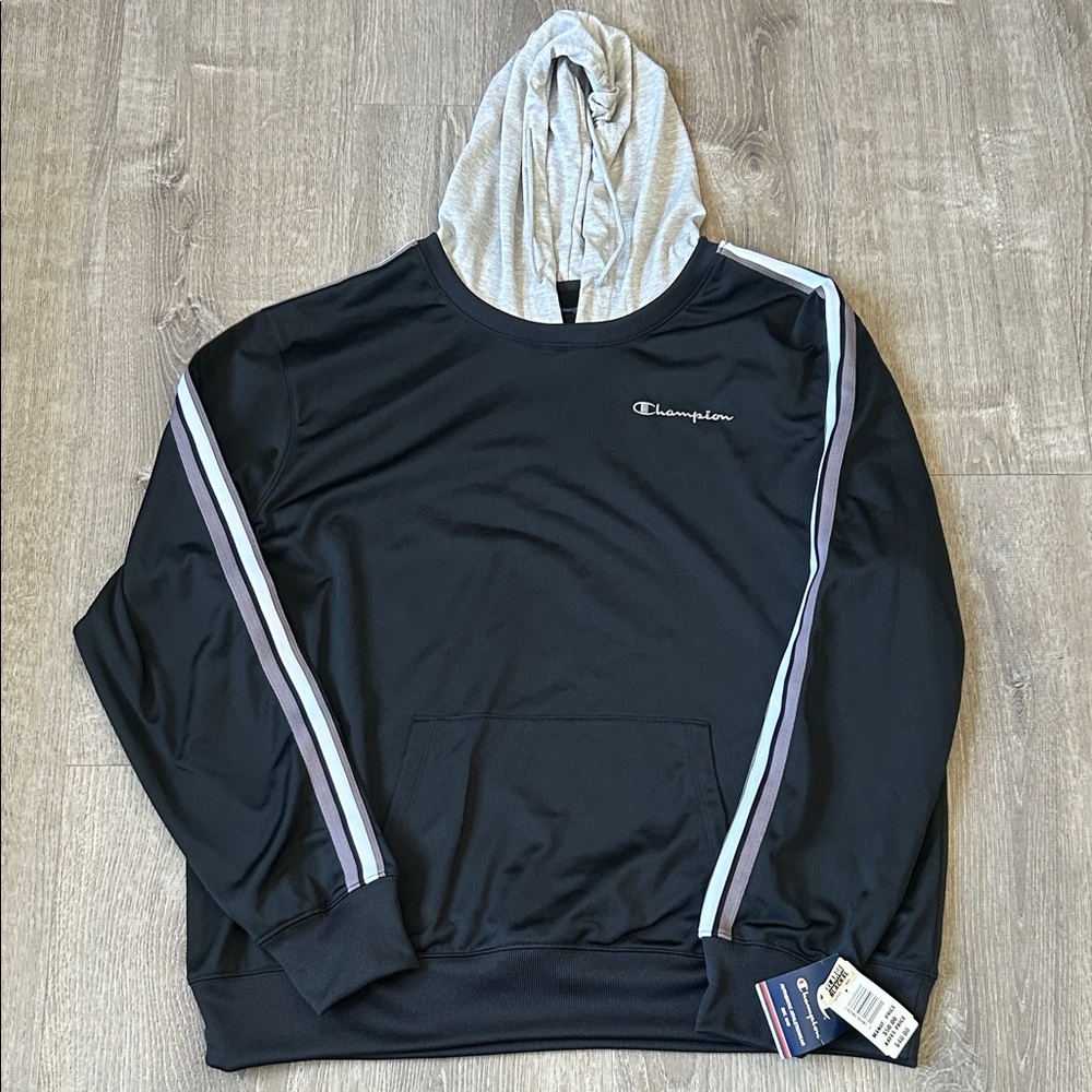 NWT Champion Black Hoodie with Gray Hood and Stripes Sweatshirt XL - Picture 2 of 4